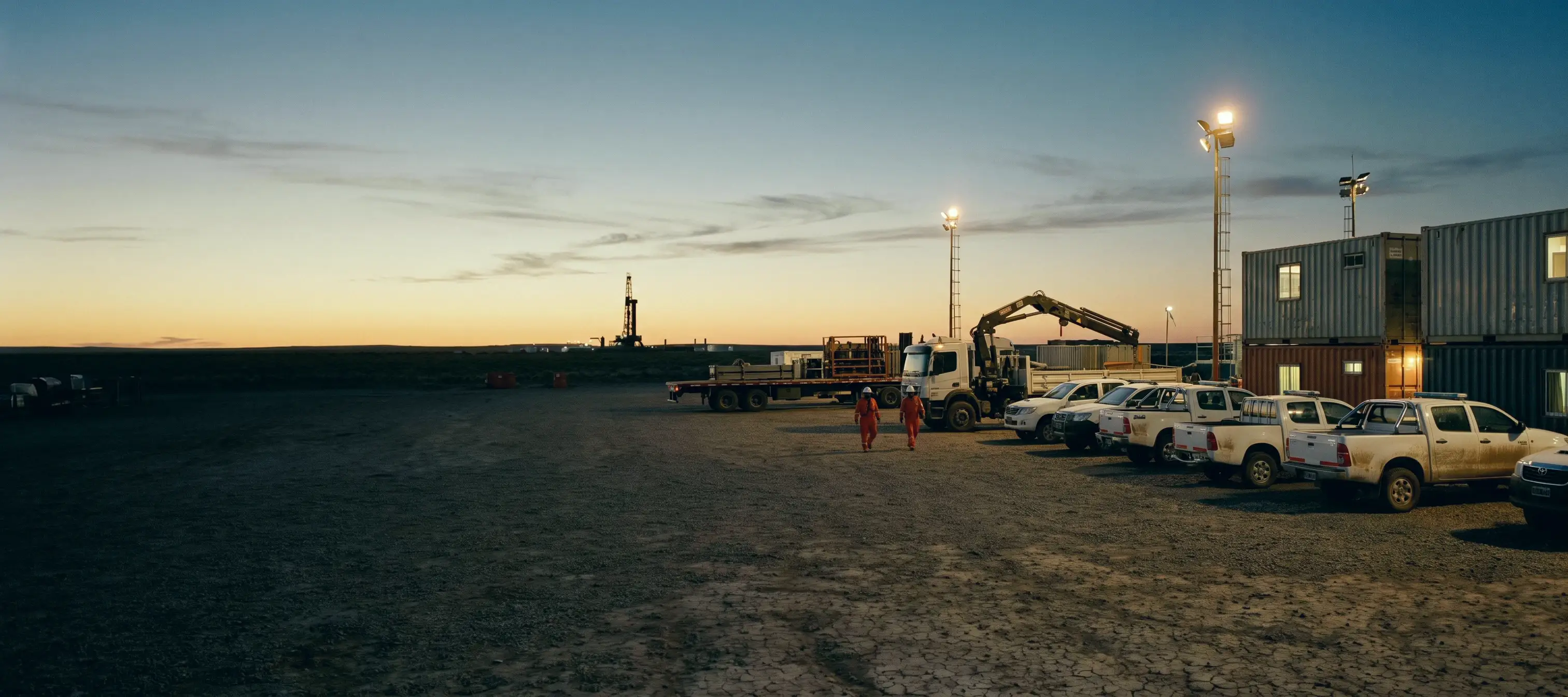 Base de operaciones de una contratista al anochecer: camionetas, un camión con hidrogrúa, contenedores oficina y un equipo de perforación en el horizonte.