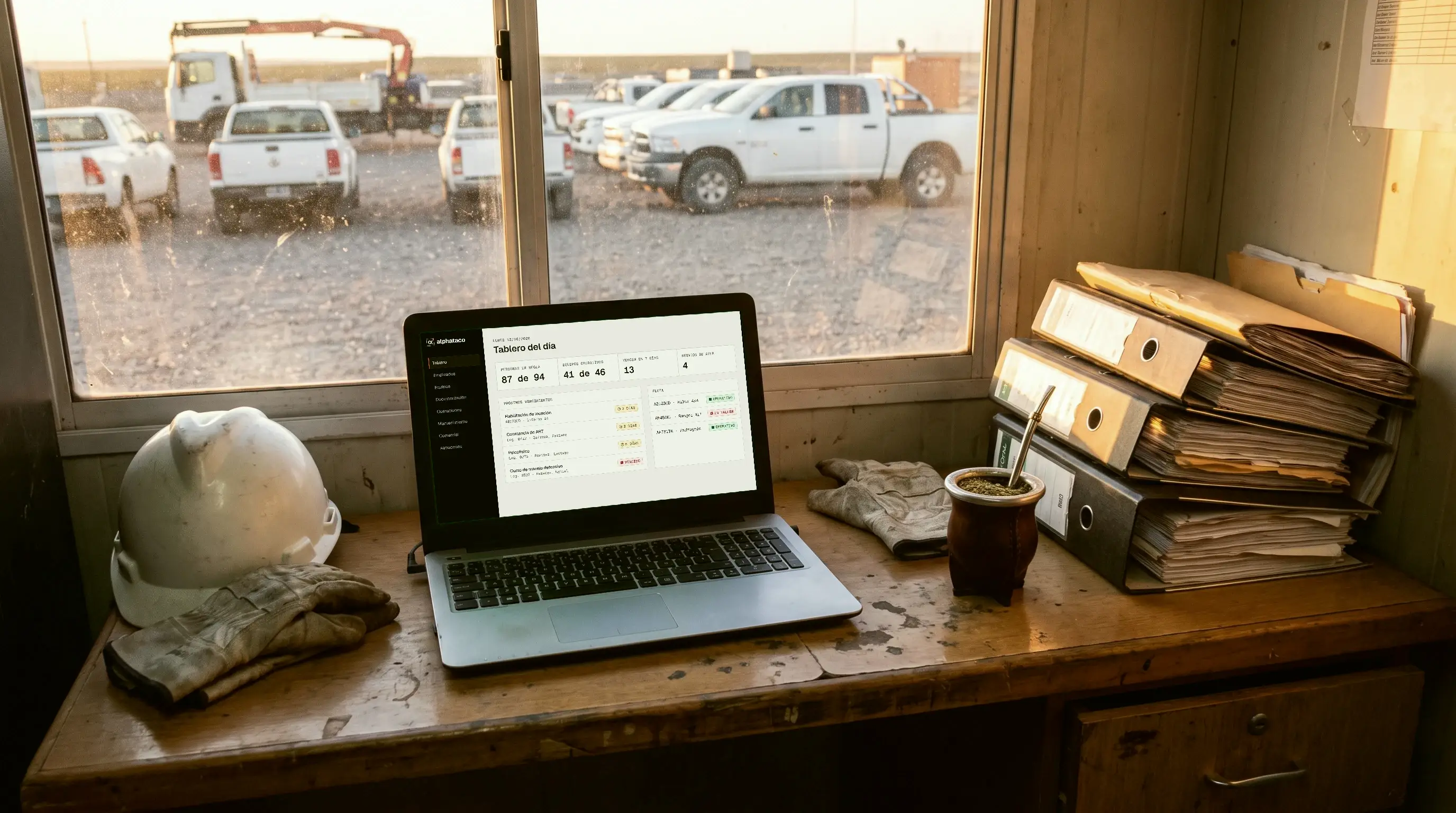 Escritorio de la oficina de una base con el tablero de alphataco en la notebook, un casco, guantes, un mate y biblioratos; por la ventana, la flota estacionada.